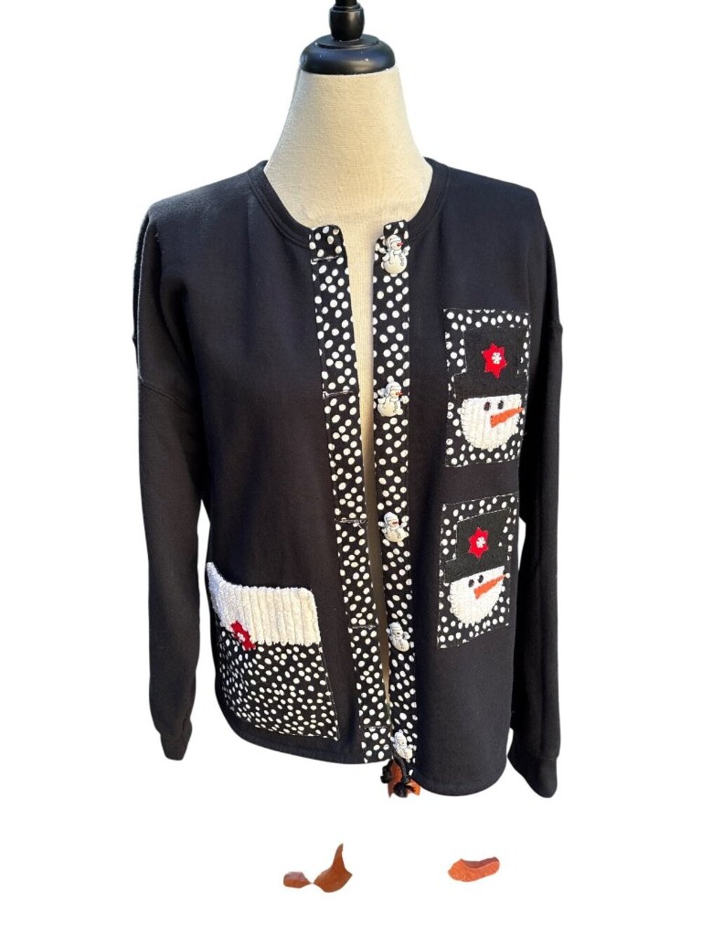 Gildan Snowman Cardigan Sweater Black Polka Dot Trim XL 50/50 Cotton Polyester M